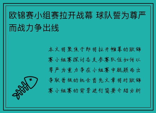 欧锦赛小组赛拉开战幕 球队誓为尊严而战力争出线