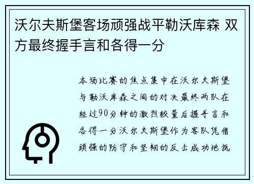沃尔夫斯堡客场顽强战平勒沃库森 双方最终握手言和各得一分