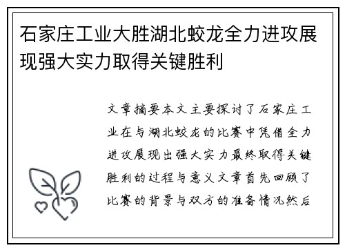 石家庄工业大胜湖北蛟龙全力进攻展现强大实力取得关键胜利