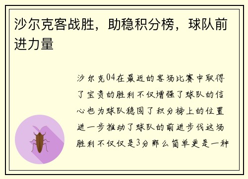 沙尔克客战胜,助稳积分榜,球队前进力量