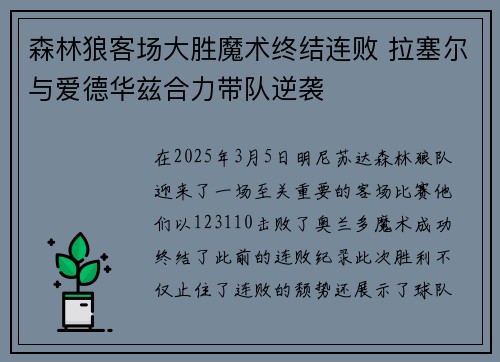 森林狼客场大胜魔术终结连败 拉塞尔与爱德华兹合力带队逆袭