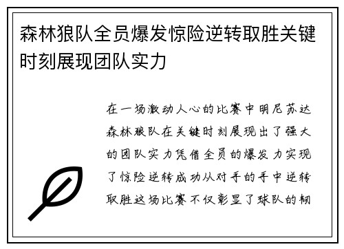 森林狼队全员爆发惊险逆转取胜关键时刻展现团队实力