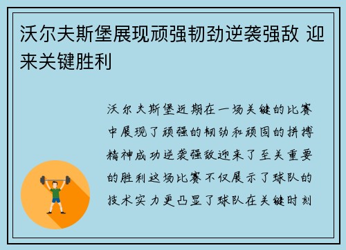 沃尔夫斯堡展现顽强韧劲逆袭强敌 迎来关键胜利