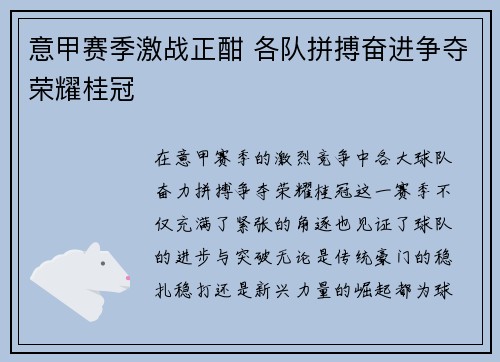 意甲赛季激战正酣 各队拼搏奋进争夺荣耀桂冠