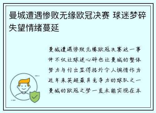 曼城遭遇惨败无缘欧冠决赛 球迷梦碎失望情绪蔓延