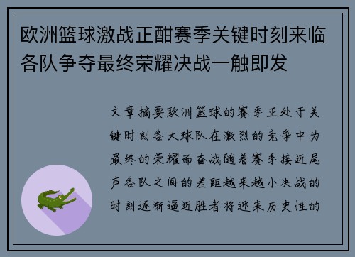 欧洲篮球激战正酣赛季关键时刻来临各队争夺最终荣耀决战一触即发