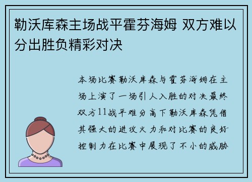 勒沃库森主场战平霍芬海姆 双方难以分出胜负精彩对决