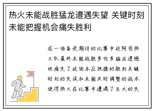 热火未能战胜猛龙遭遇失望 关键时刻未能把握机会痛失胜利