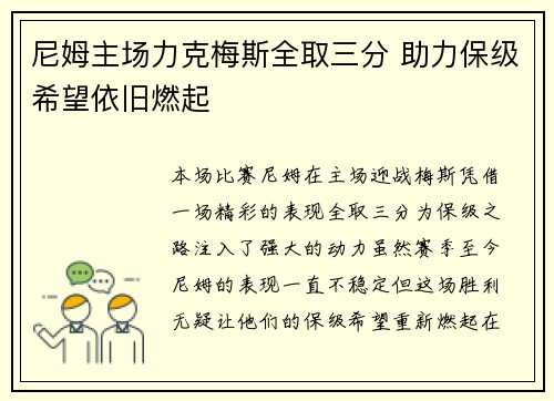 尼姆主场力克梅斯全取三分 助力保级希望依旧燃起