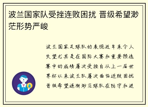 波兰国家队受挫连败困扰 晋级希望渺茫形势严峻
