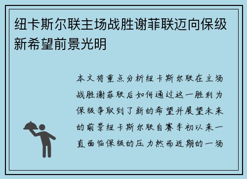 纽卡斯尔联主场战胜谢菲联迈向保级新希望前景光明
