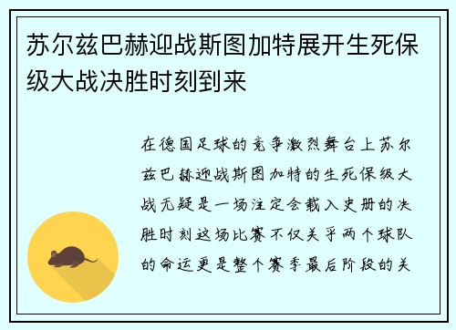 苏尔兹巴赫迎战斯图加特展开生死保级大战决胜时刻到来