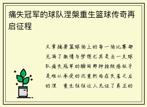 痛失冠军的球队涅槃重生篮球传奇再启征程